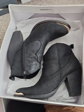Black Ankle Booties with Gold Toe Accent - Classic Block Heel